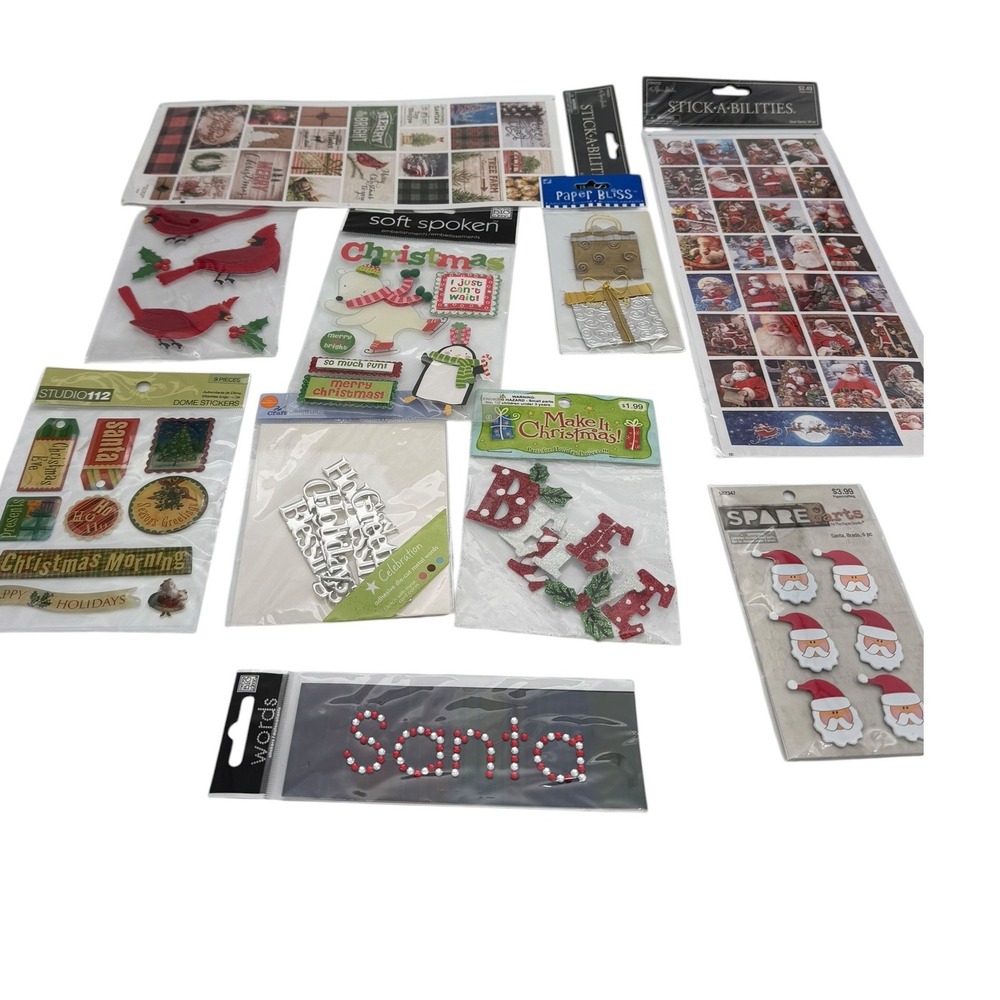 Christmas Scrapbooking Sticker Lot 10pk Santa Cardinal Glitter 3D Embellishments